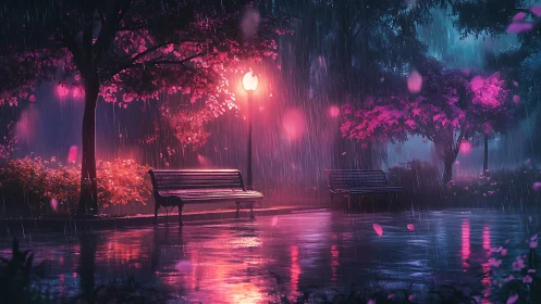 Neon rainlit park benches under dreamy cherry blossoms.