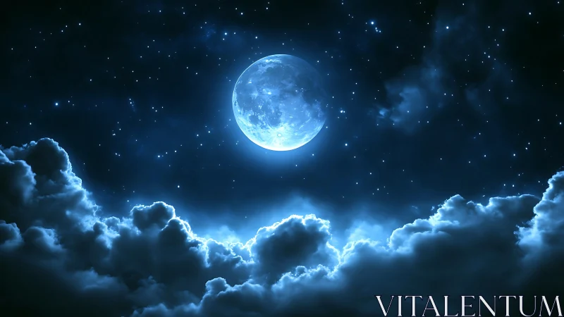 Moonlit night sky with illuminated clouds and scattered stars.