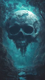 Colossal eroded skull sphere levitates above misted ravine forest