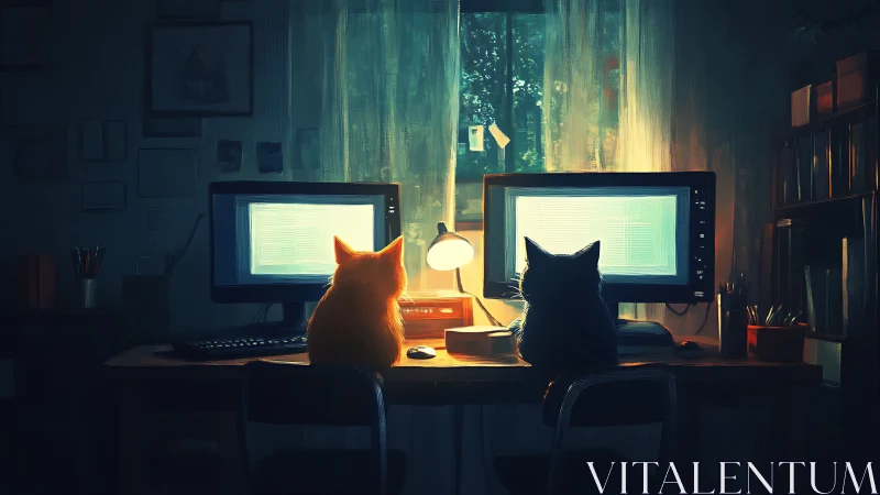 Two Cats at Dual Monitors in Neon-Lit Studio Environment