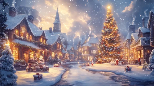 Snowlit village square with glowing Christmas tree centerpiece.