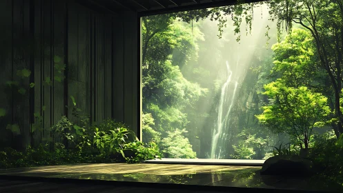Minimalist pavilion framing lush rainforest waterfall vista.