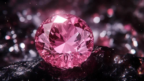 Ray-traced pink gemstone with complex faceting and bokeh field