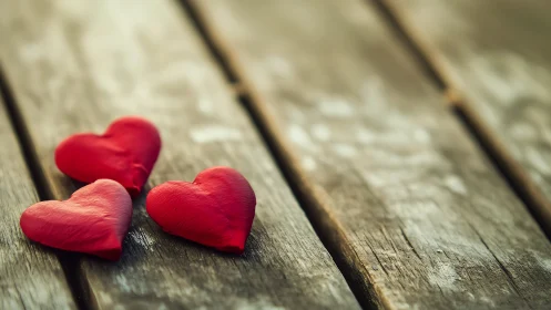 Three Red Heart-Shaped Velvet Ornaments on Weathered Wood Surface