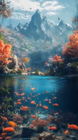 Mountain lake daydream where coral fish meet autumn hills.