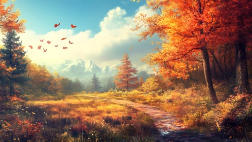 Golden autumn trail winds toward distant snowcapped peaks