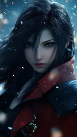 Blue-eyed warrior stands in snowfall with crimson coat