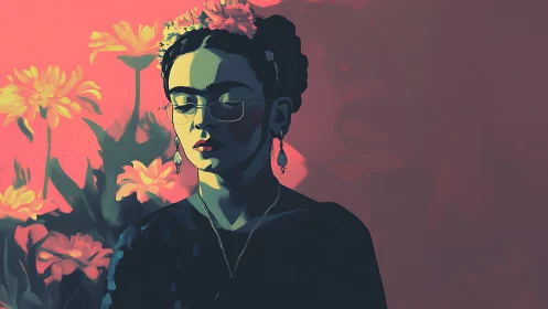 Calm woman in floral backdrop under bold sunset tones.