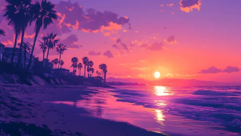 Sunset-tinted palm shore where evening waves glow warmly.