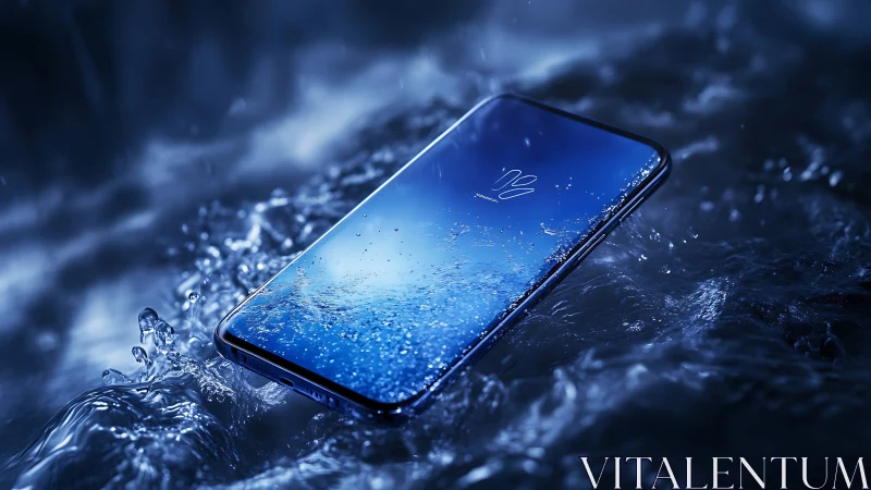 Waterproof smartphone floats in dynamic blue liquid
