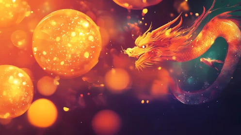 Fiery oriental dragon with glowing spheres in abstraction.