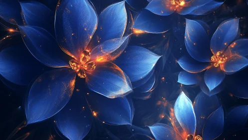 Digital render of luminous blue flowers on dark background.