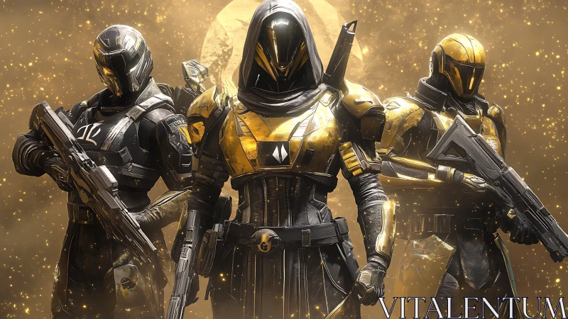 Triad of armored sci fi sentinels in luminous gold haze.
