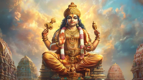 Hindu deity seated on ornate throne amid temple spires.