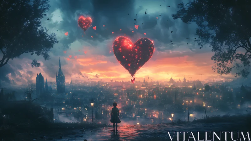 Luminous Hearts Float Above Neon City Dusk.