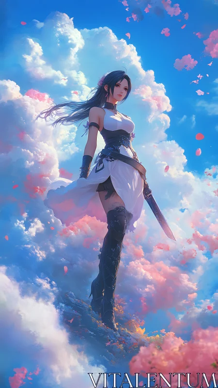Skyborne warrior in white dress amid radiant pastel clouds.