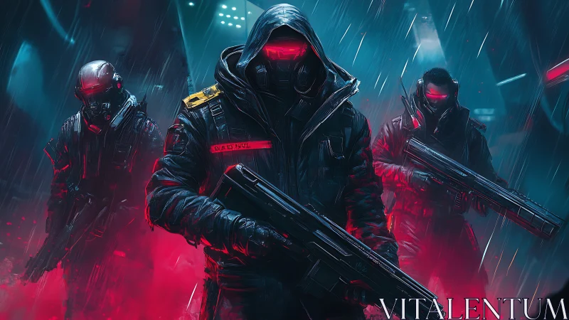 Cyberpunk enforcers stride through neon rainstorm streets.