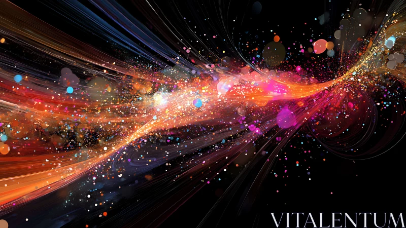 Colorful light streaks curve across dark background space