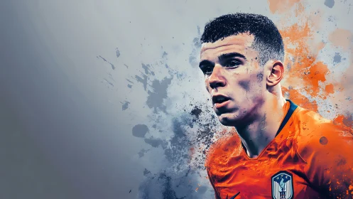 Male footballer portrait rendered with dynamic paint splashes