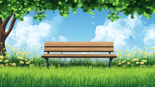 Park bench framed by foliage under bright cumulus sky
