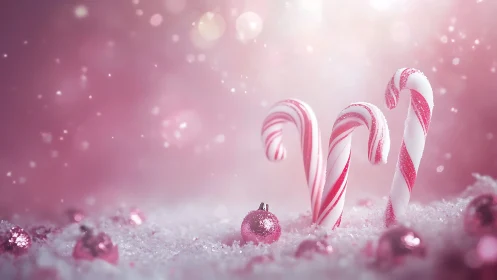 Festive candy canes and ornaments glow in snowy pink wonderland