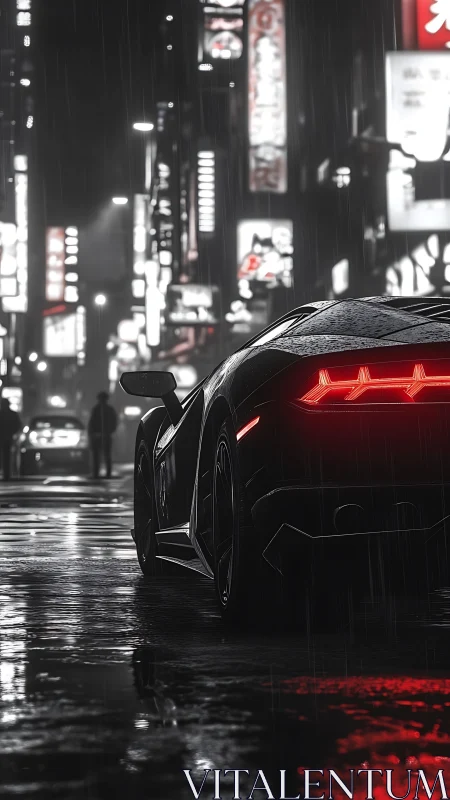 Supercar taillights glow through rainy neon city night