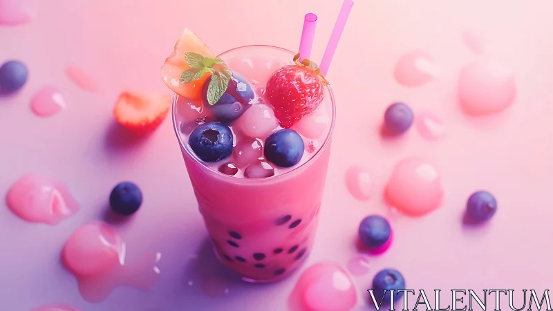 Pink Bubble Tea Beverage with Fresh Berries and Mint Garnish
