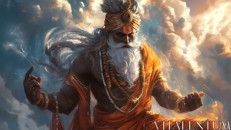 Storm-lit sage in swirling clouds of fire and calm.