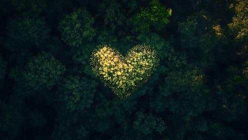 Luminous Love Grove: Aerial Heart Blooms Yellow Amid Forest.