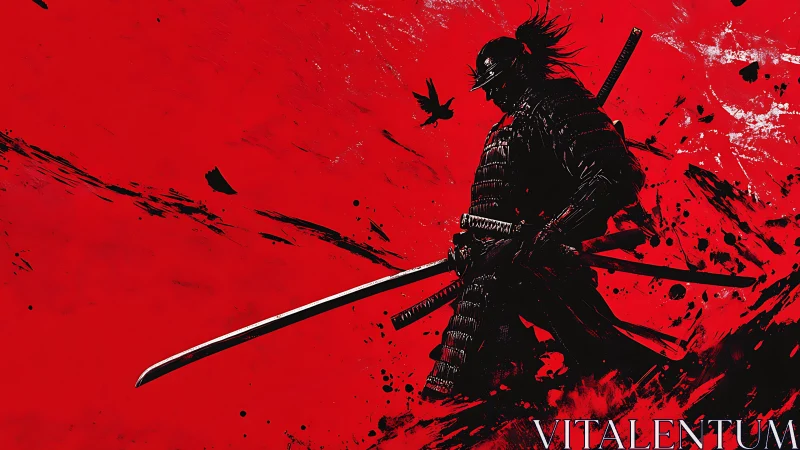 Blood-red horizon stalked by lone ink-soaked samurai silhouette.
