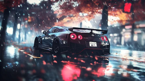 Sports coupe on wet city street under autumn rainstorm.