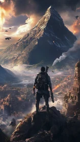 Lone futuristic soldier surveys burning mountain citadel.