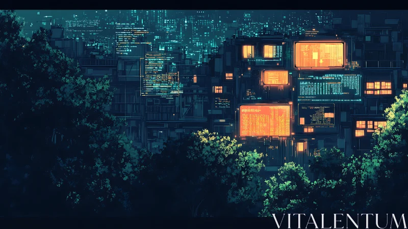 Dense cyberpunk skyline with neon data screens over foliage at night