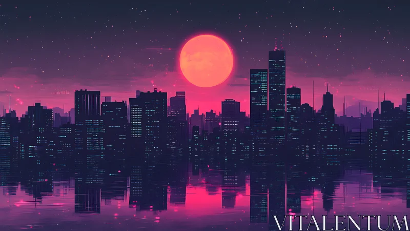 Neon city skyline glows beneath a radiant cyberpunk moon.