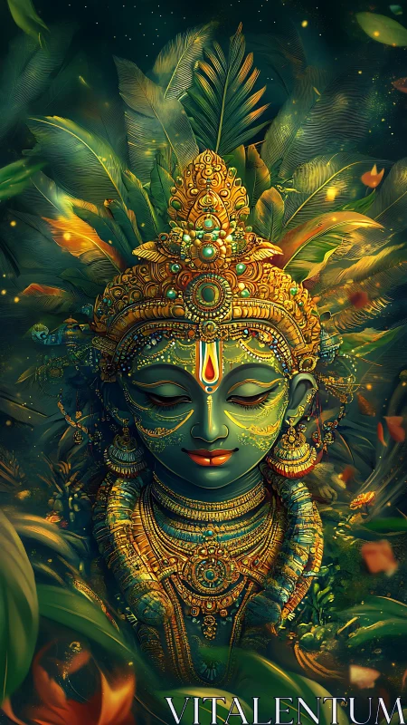 Divine emerald visage with ornate golden feathered crown.