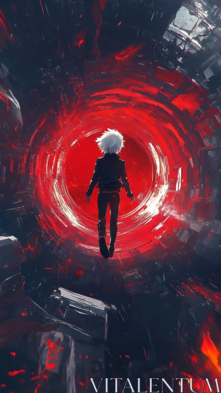 White-haired wanderer walks into roaring red vortex gate.