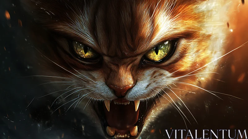 Fierce close up of snarling cat with glowing amber eyes.