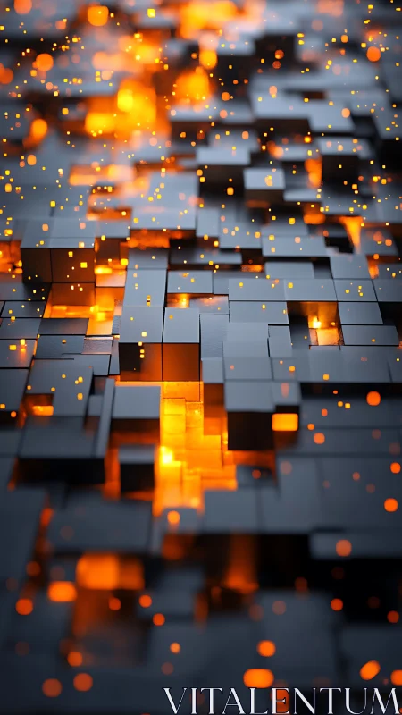 Molten light permeates modular black cubes in layered depth