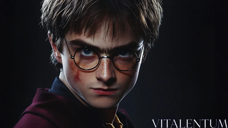 Cinematic close-up portrait of young bespectacled wizard in shadow