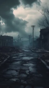 Deserted cracked street under stormy overcast sky.