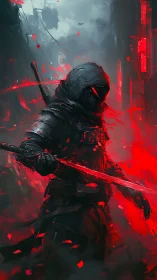 Neon-blade wraith stalks a crimson cyberpunk storm.