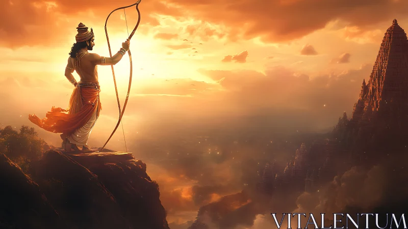 Sunlit archer prince surveying a myth-wrapped temple realm.