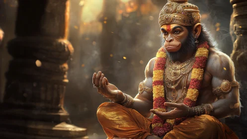 Simian humanoid figure sits cross legged in ornate temple space