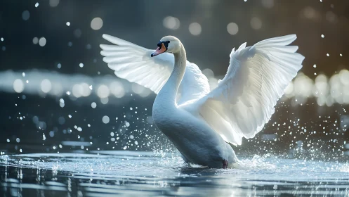 Elegant swan spreading wings on sparkling lake, nature photography.