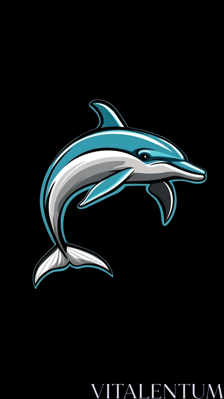 Stylized teal and gray dolphin illustration on black field.