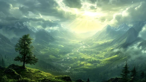 Sunlit alpine valley unfolds below dramatic storm clouds