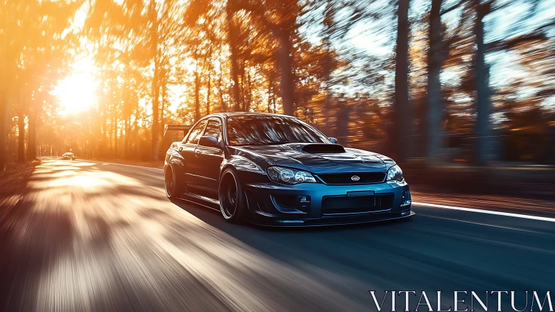 Sunlit forest highway welcomes a sleek blue sports car