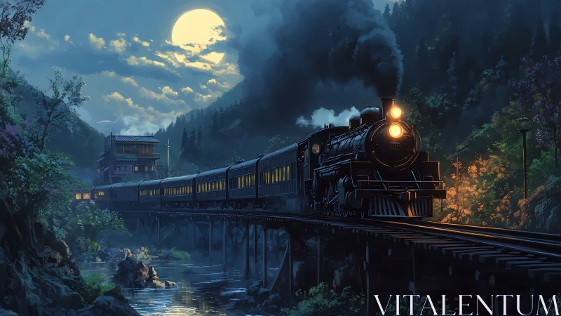 Steam train crossing moonlit forest bridge at night.