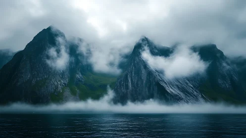Foggy coastal mountains rise sharply above dark water.