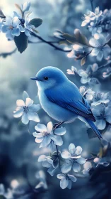 Blue songbird perches on flowering branch in soft focus scene
